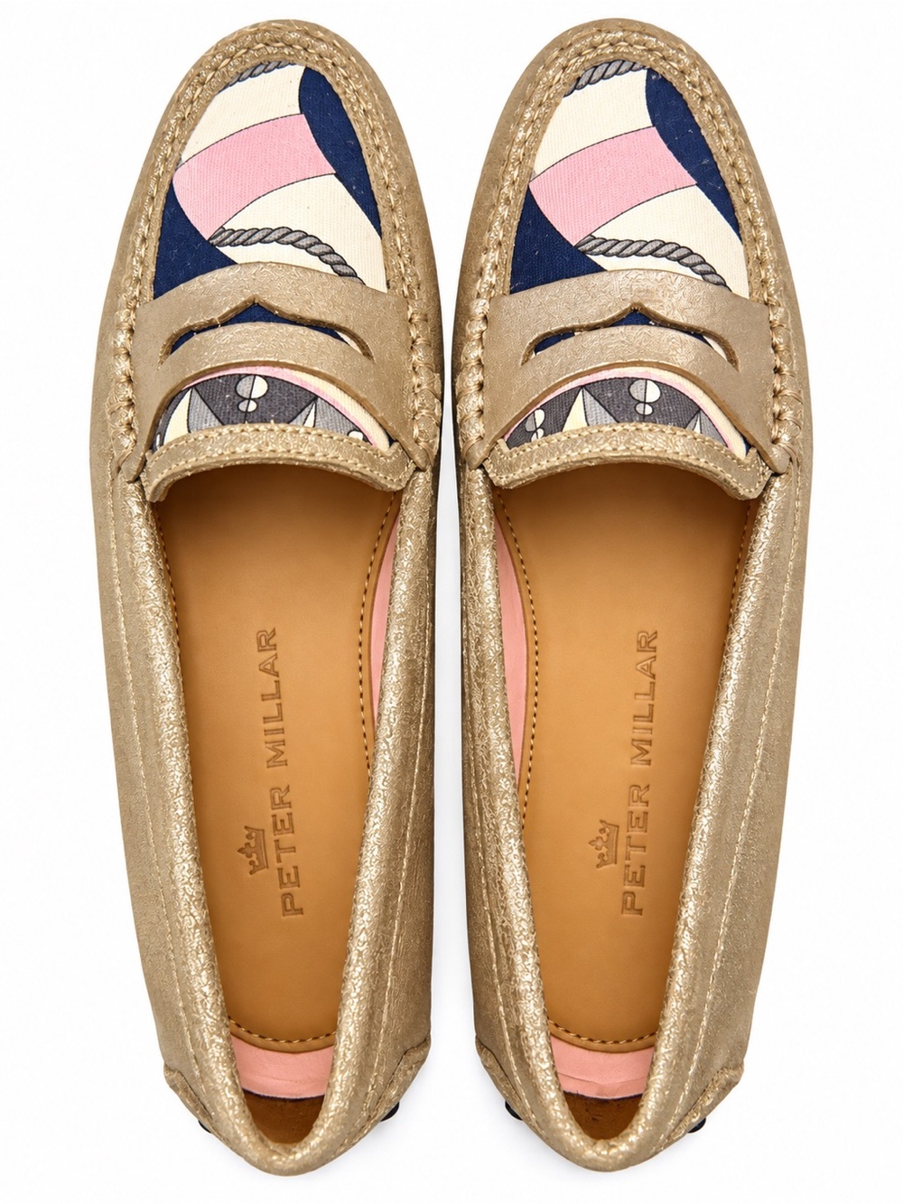 Peter Millar Womens 7.5 M Gold Leather Driving Loafers Nautical Print Brazil